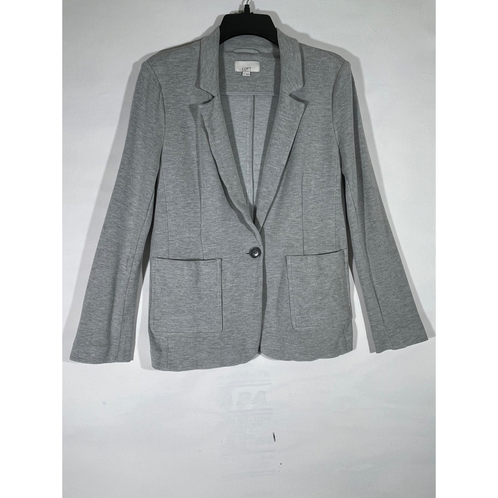 LOFT Cotton Knit Blazer Women S Heather Gray‎ Single Button Patch Pocket Jacket